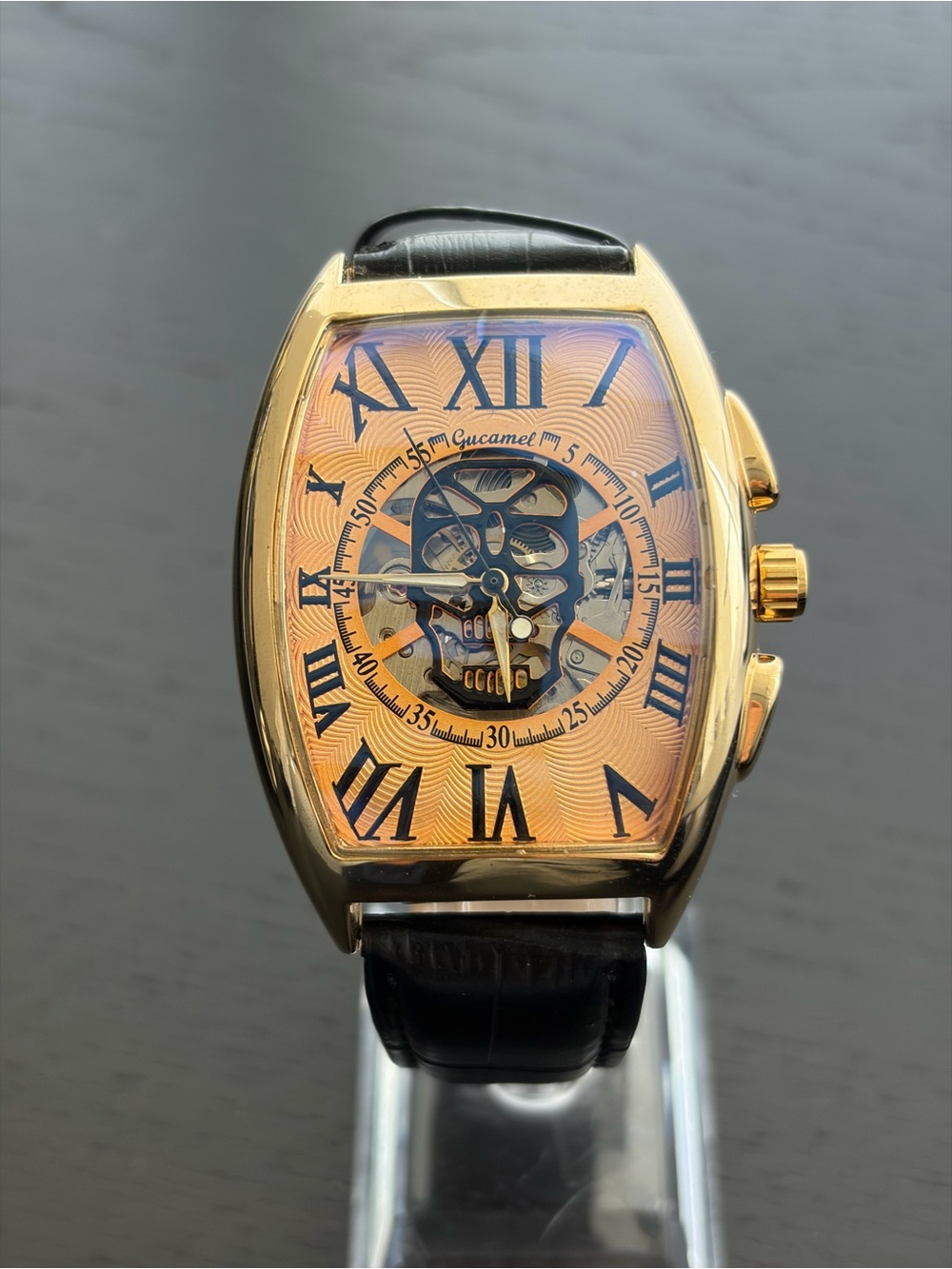 Gold Tone Skeleton Dial Tonneau Watch with Black Leather Strap